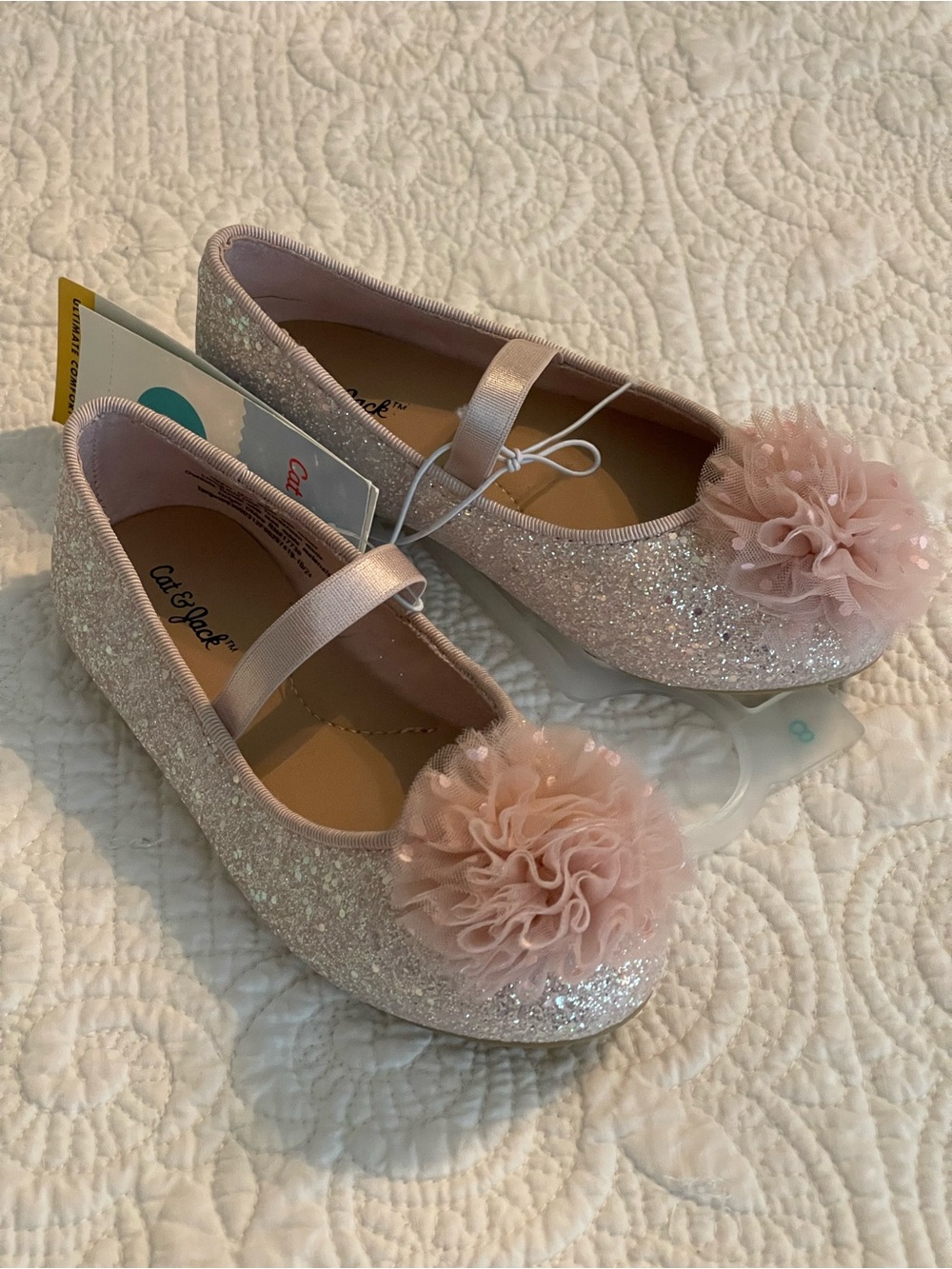 Cat & Jack Girls’ Sparkle Pink Tulle Pom Ballet Flats Sz 8 Glitter Straps NWT